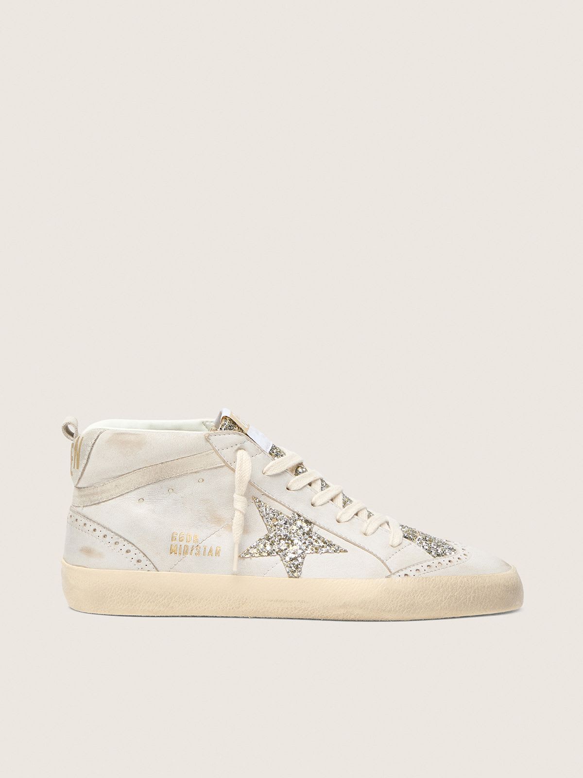 GOLDEN GOOSE MID-STAR BEIGE LEATHER PLATINUM GLITTER