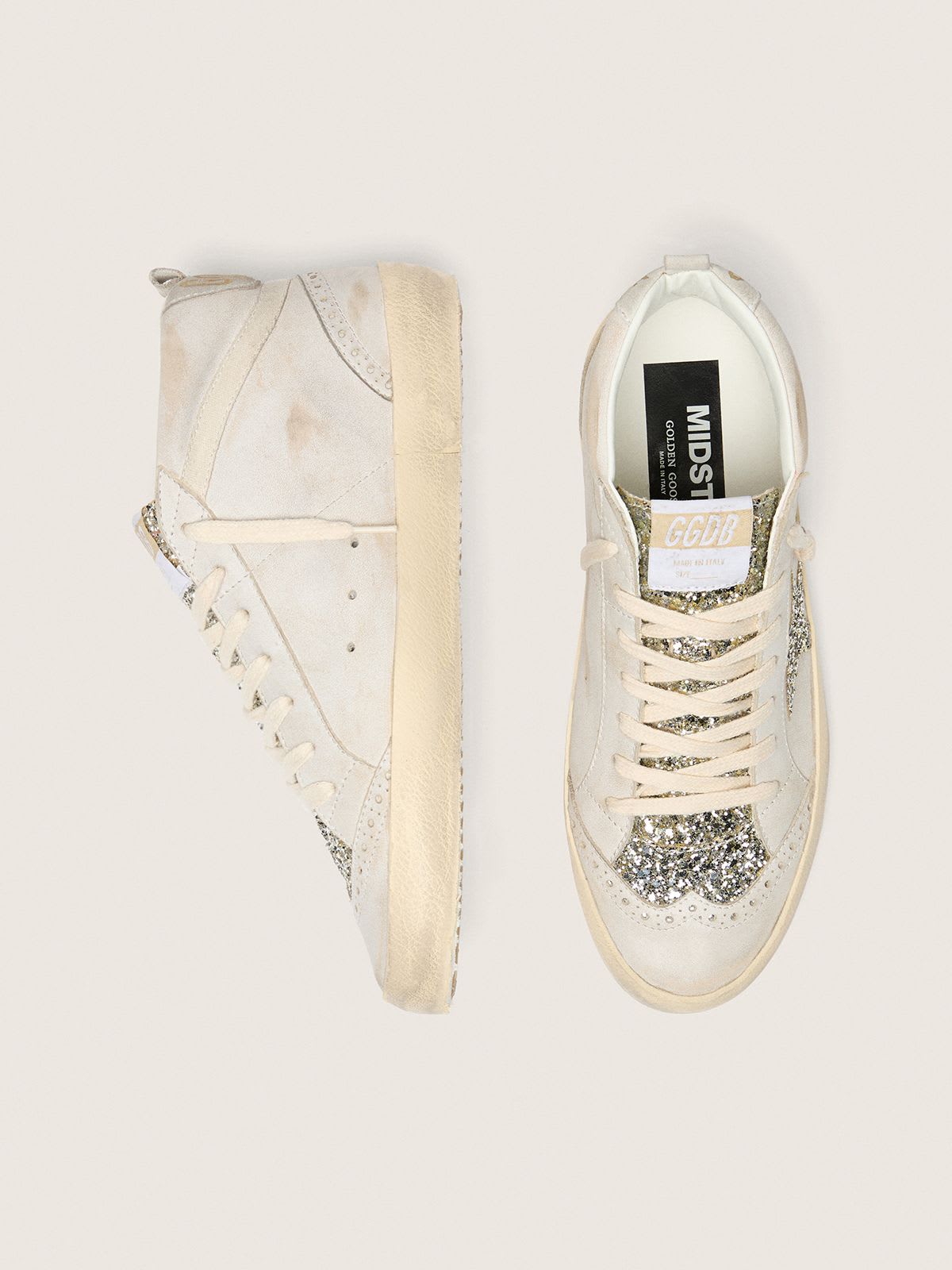 GOLDEN GOOSE MID-STAR BEIGE LEATHER PLATINUM GLITTER
