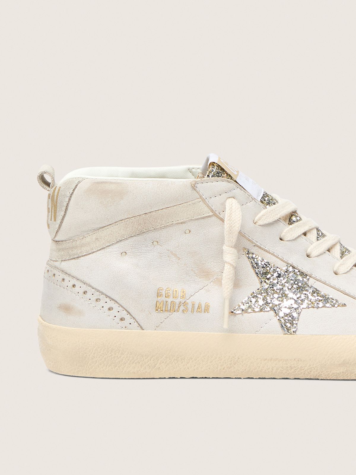 GOLDEN GOOSE MID-STAR BEIGE LEATHER PLATINUM GLITTER