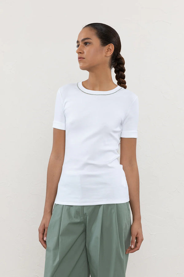 PESERICO MICRO-RIBBED STRETCH JERSEY T-SHIRT IN WHITE