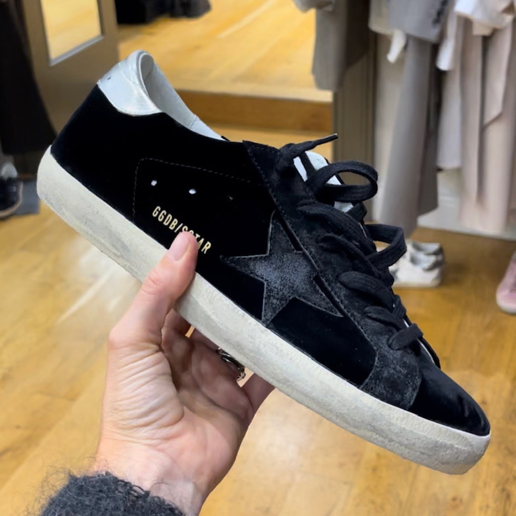 GOLDEN GOOSE SUPER STAR SNEAKERS IN BLACK VELVET WITH BLACK SUEDE STAR SILVER HEEL TAB