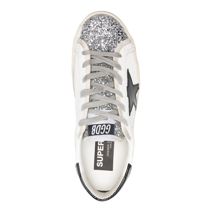 GOLDEN GOOSE SUPERSTAR WHITE LEATHER WITH GLITTER TONGUE, BLACK STAR AND HEEL TAB