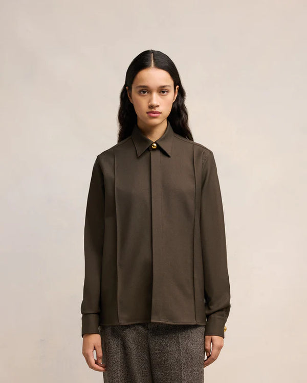 AMI PARIS DARK COFFEE PINTUCK SHIRT