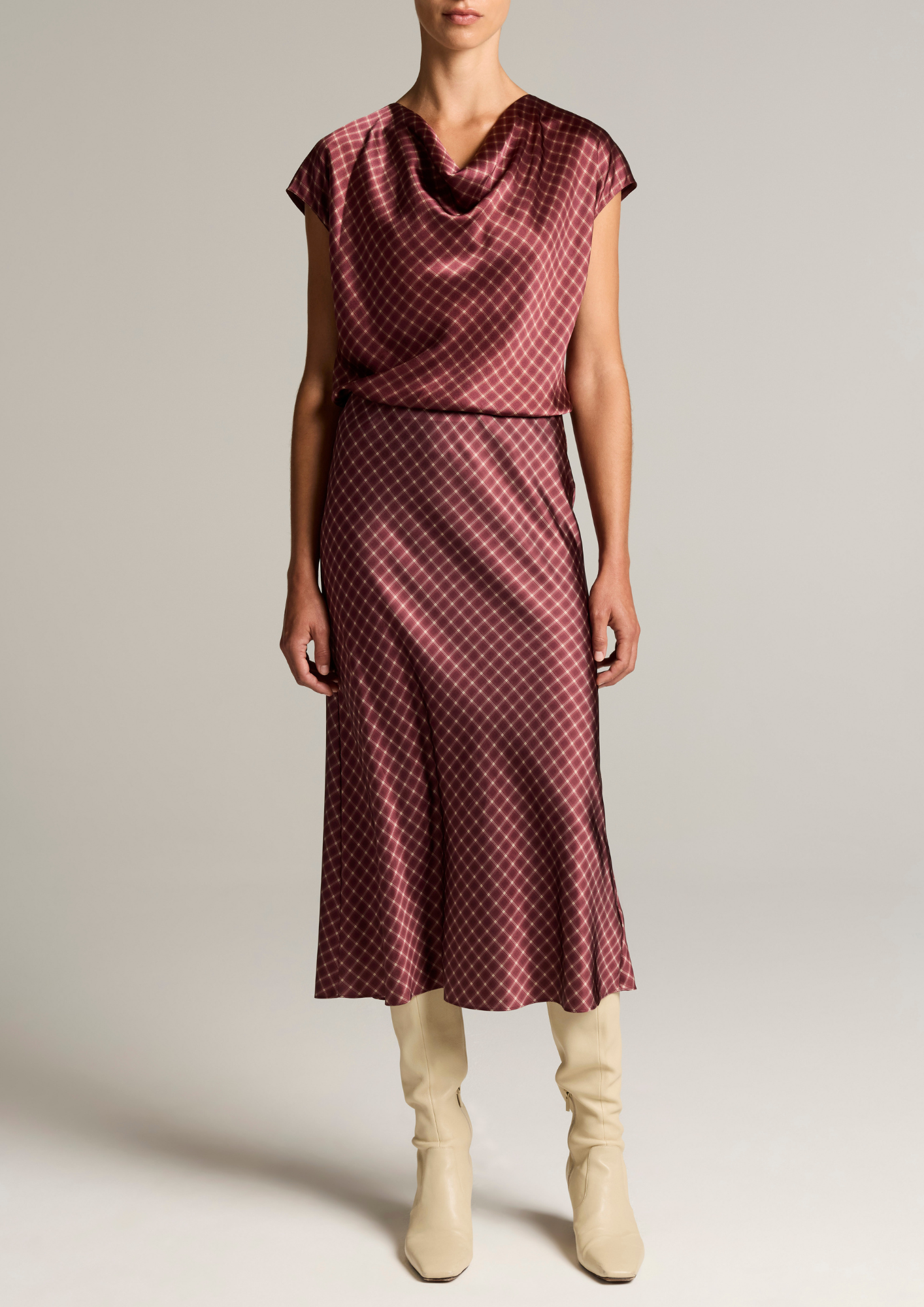 VINCE OMBRÉ PLAID LINGERIE-TRIM SATIN SKIRT