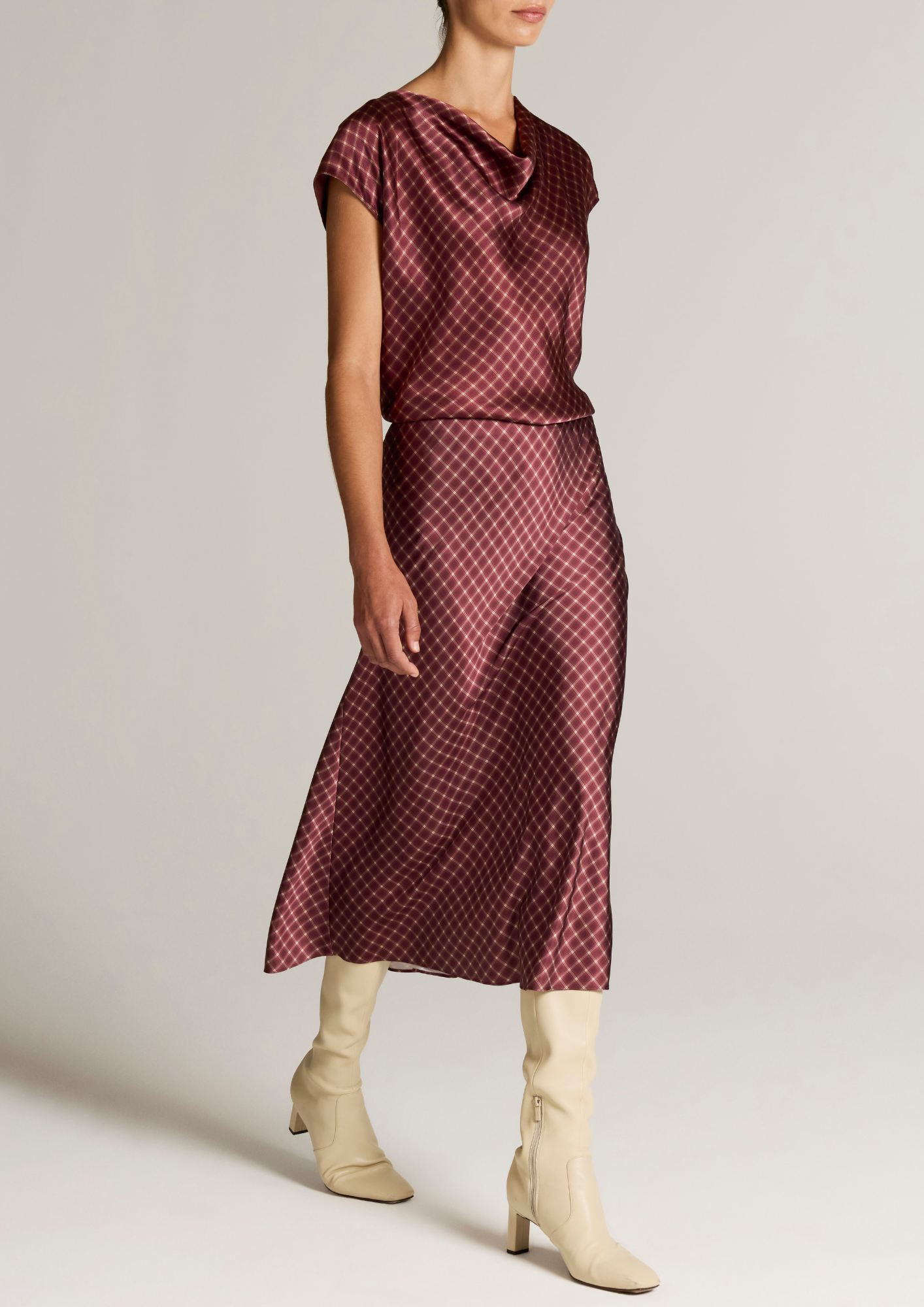 VINCE OMBRÉ PLAID LINGERIE-TRIM SATIN SKIRT