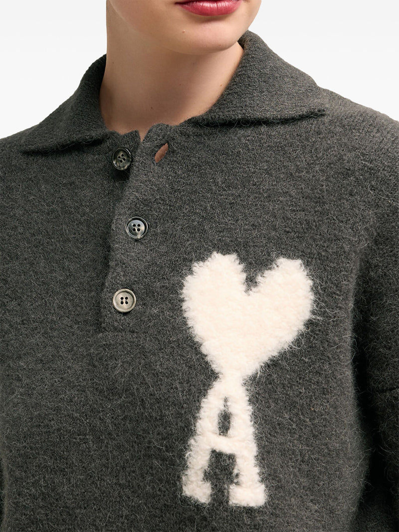 AMI PARIS AMI DE COEUR POLO SWEATER IN DARK GREY