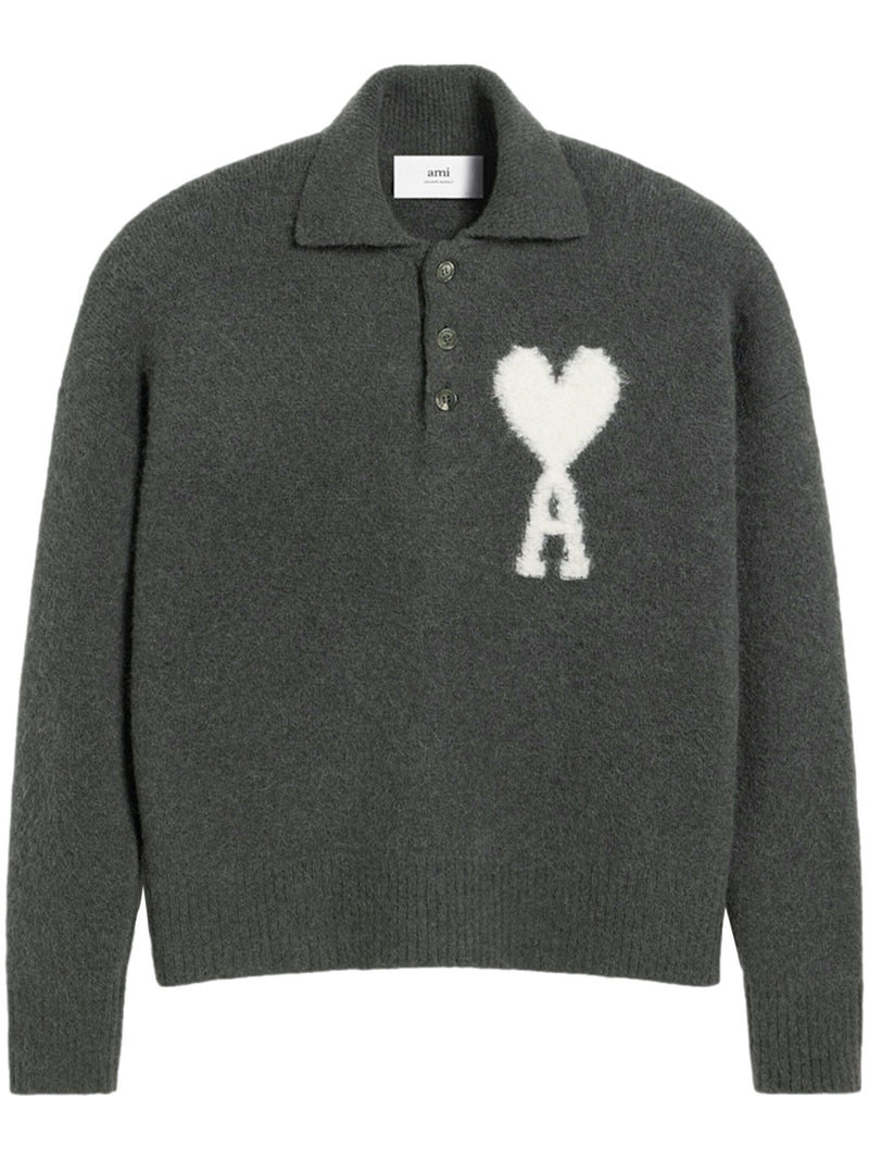 AMI PARIS AMI DE COEUR POLO SWEATER IN DARK GREY