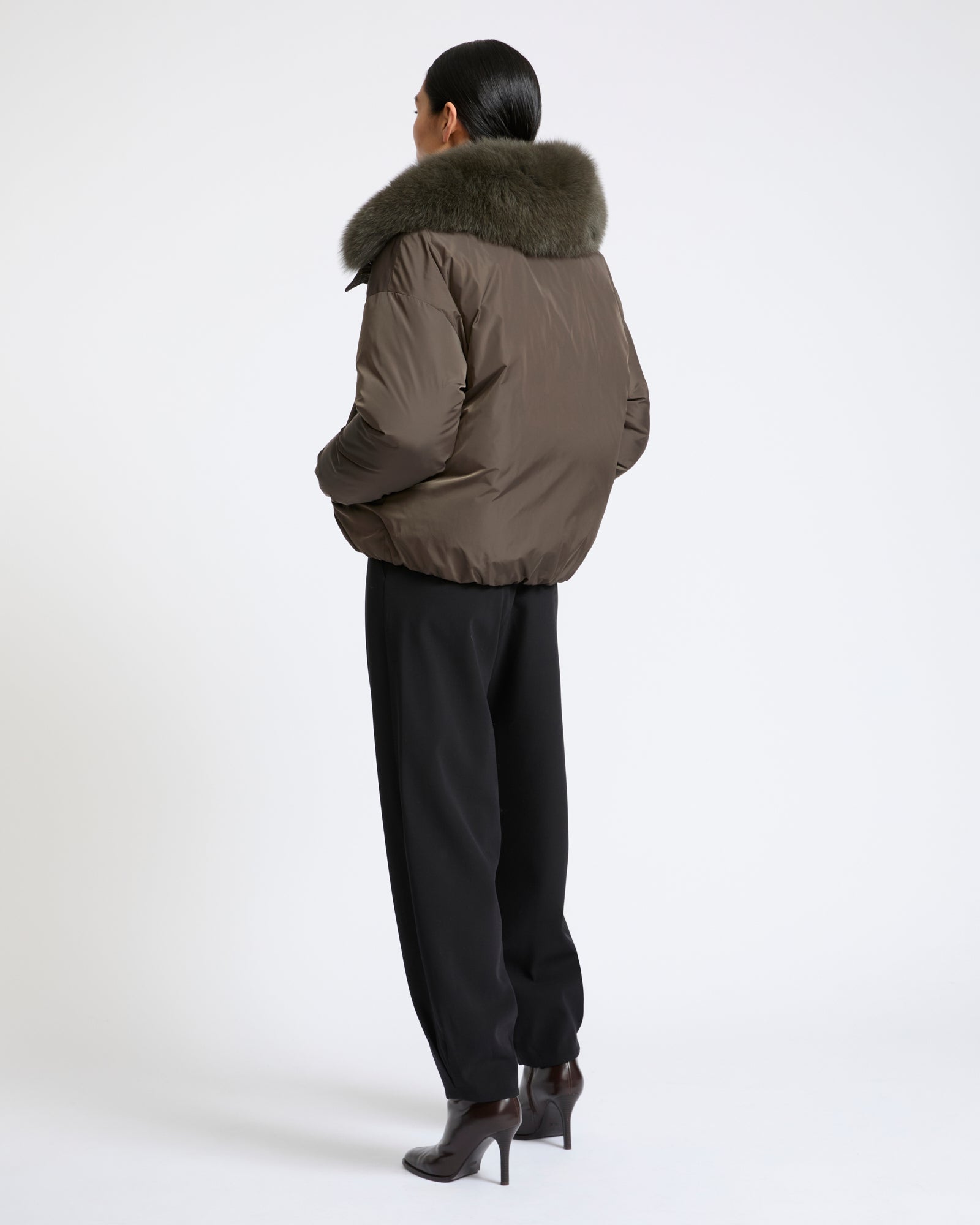 YVES SALOMON SHORT TECHNICAL DOWN COAT FOX FUR COLLAR