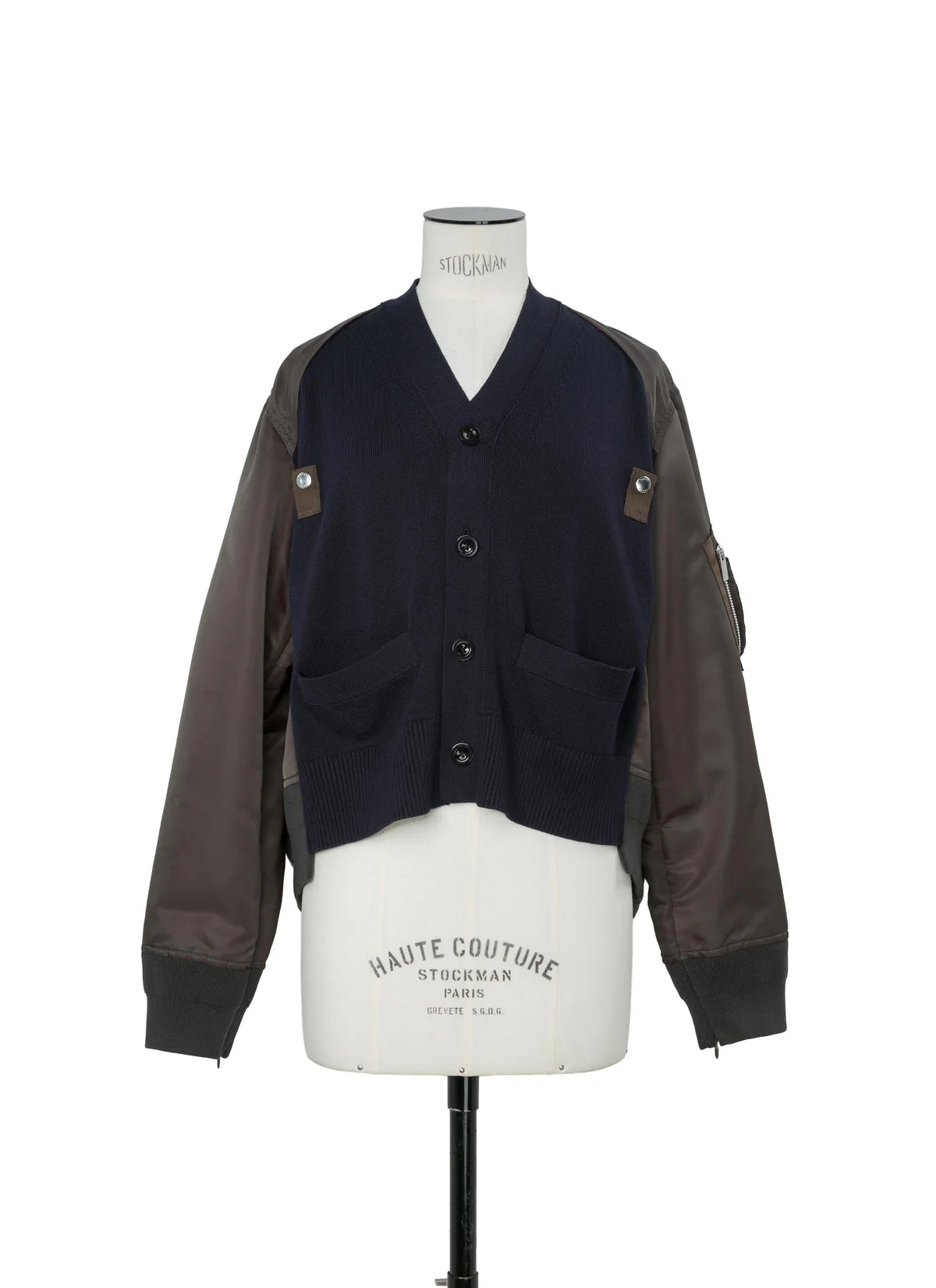 SACAI NAVY/KHAKI COTTON KNIT X NYLON CARDIGAN