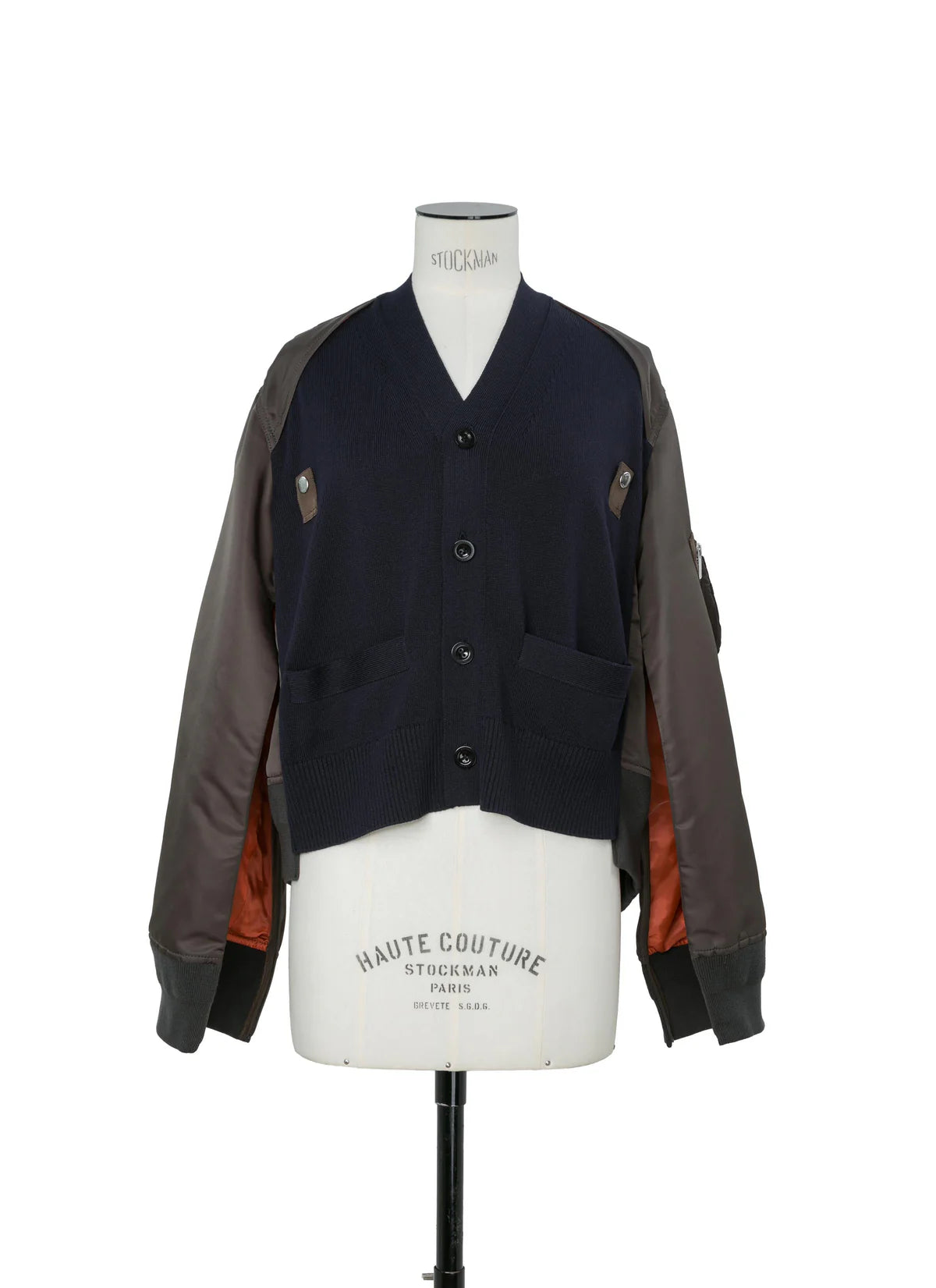 SACAI NAVY/KHAKI COTTON KNIT X NYLON CARDIGAN