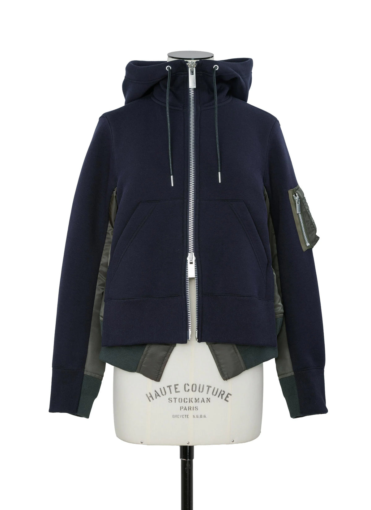 SACAI SPONGE X NYLON HOODIE NAVY/KHAKI