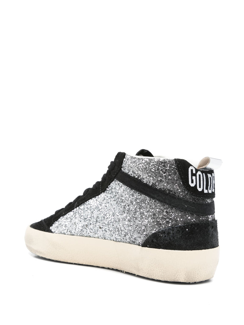 GOLDEN GOOSE MIDSTAR SILVER GLITTER AND BLACK SUEDE