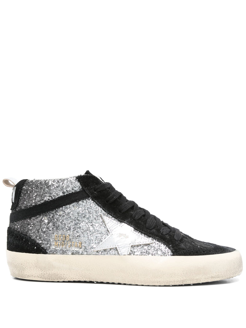 GOLDEN GOOSE MIDSTAR SILVER GLITTER AND BLACK SUEDE