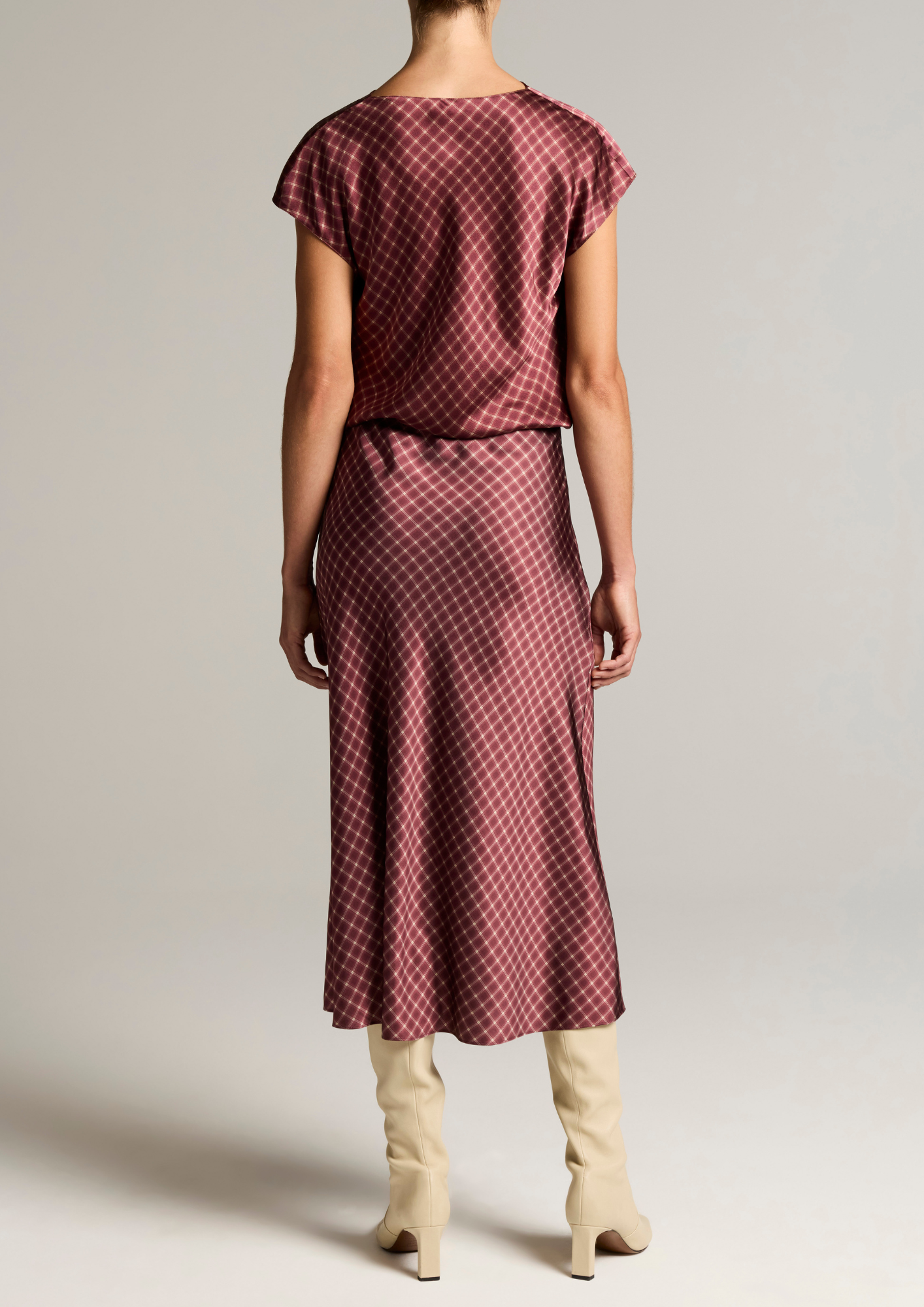 VINCE OMBRÉ PLAID LINGERIE-TRIM SATIN SKIRT