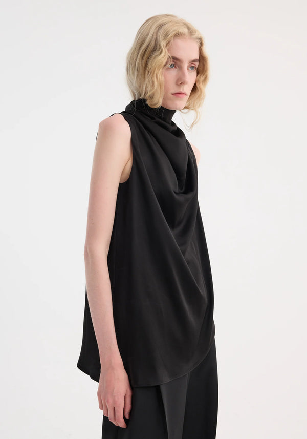 RÓHE DRAPED BLACK SATIN TOP