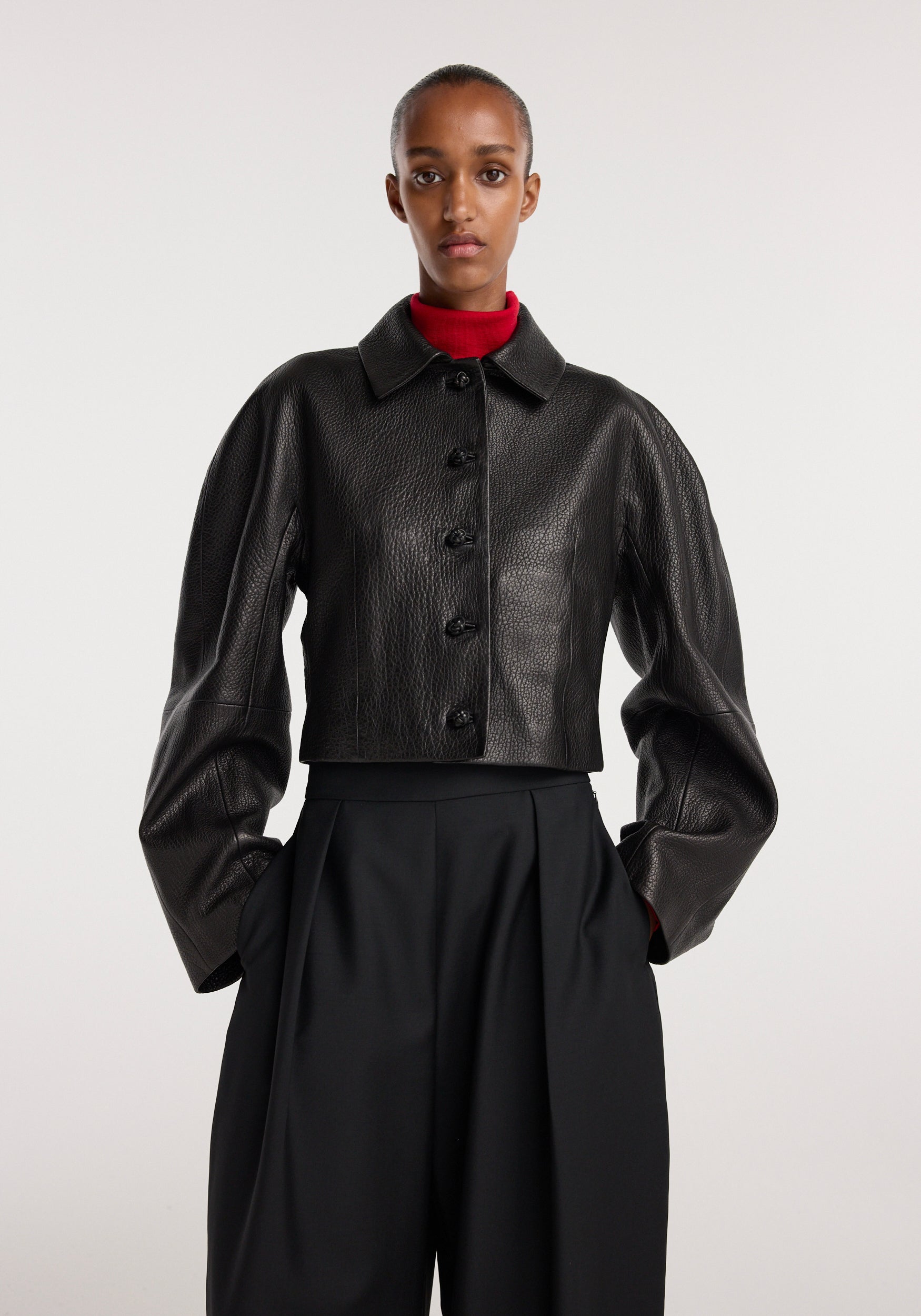 RÓHE CROPPED GRAIN LEATHER JACKET