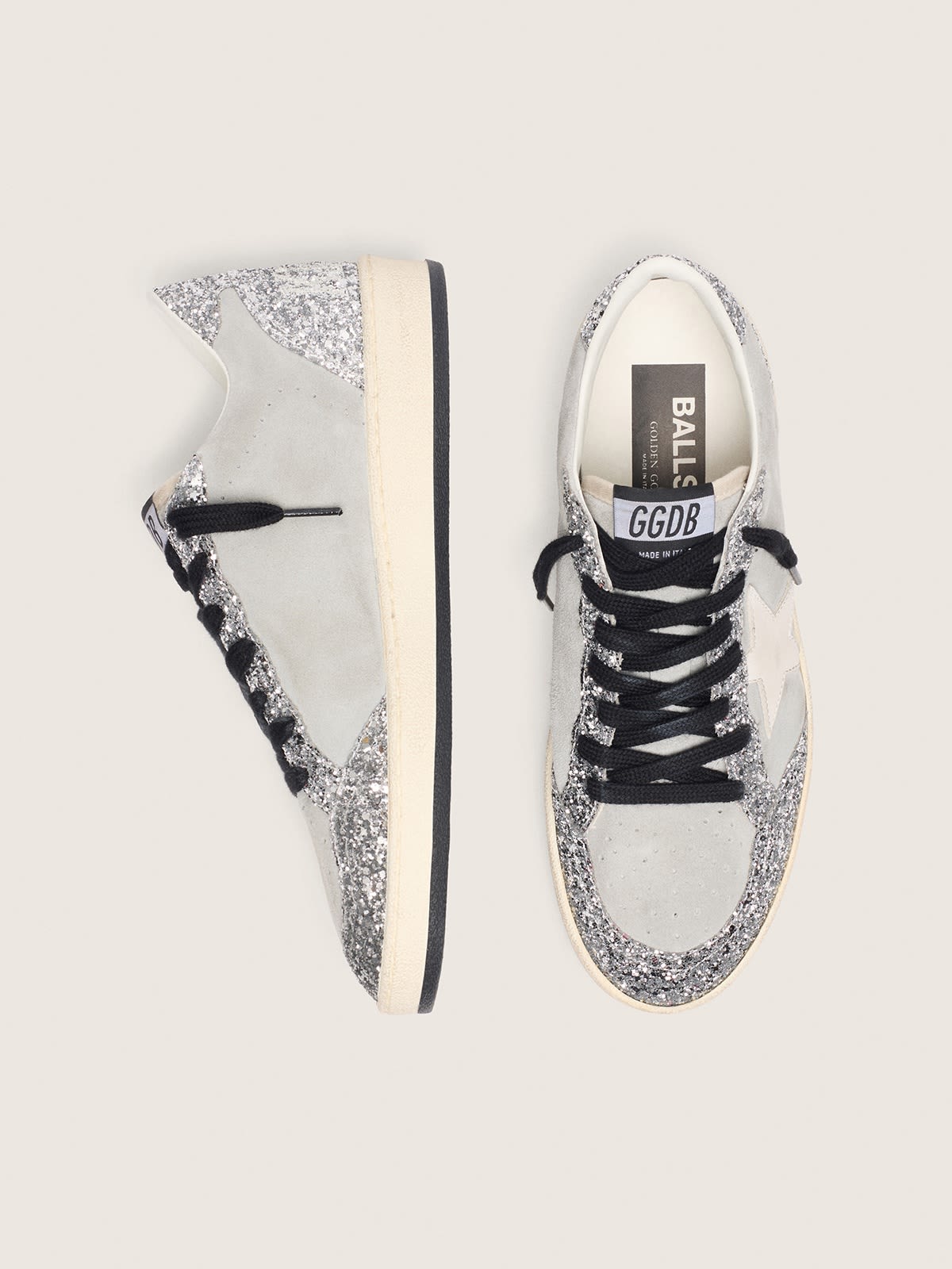 GOLDEN GOOSE BALL-STAR SUEDE GLITTER GREY/SILVER