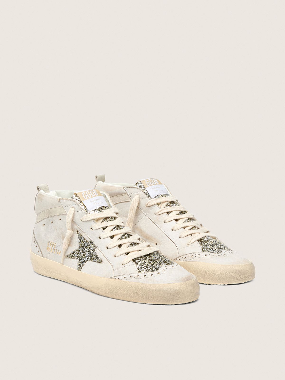 GOLDEN GOOSE MID-STAR BEIGE LEATHER PLATINUM GLITTER