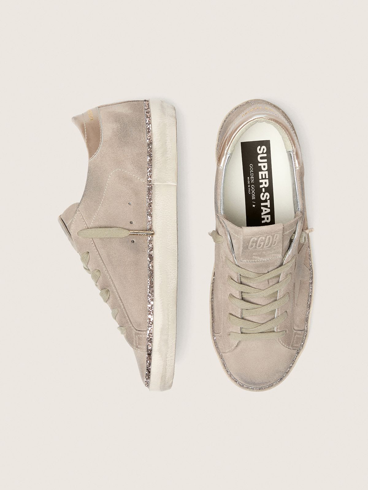 GOLDEN GOOSE SUPER-STAR TAUPE GREY SUEDE GLITTER