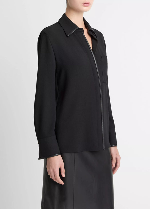 VINCE FAUX LEATHER TRIM BLOUSE
