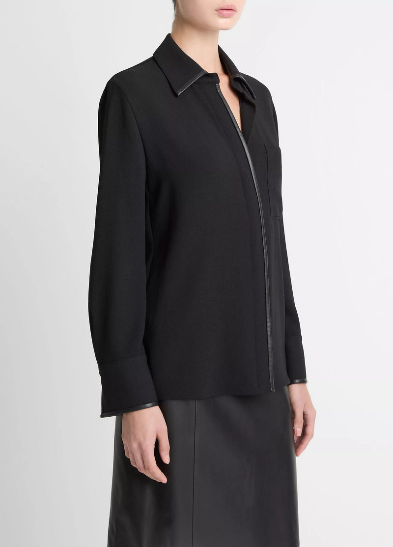 VINCE FAUX LEATHER TRIM BLOUSE