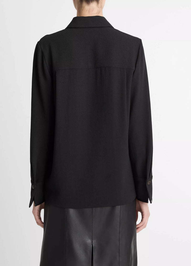 VINCE FAUX LEATHER TRIM BLOUSE