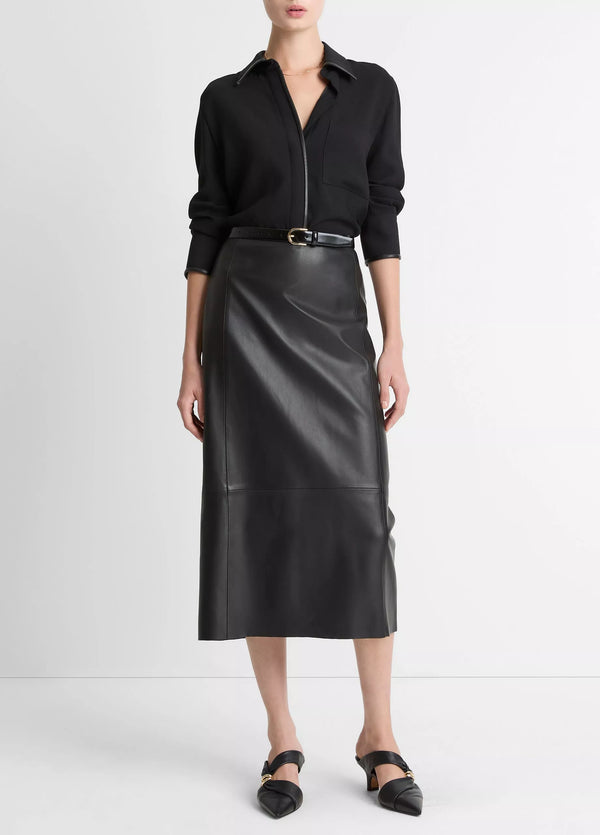 VINCE FAUX LEATHER TRIM BLOUSE