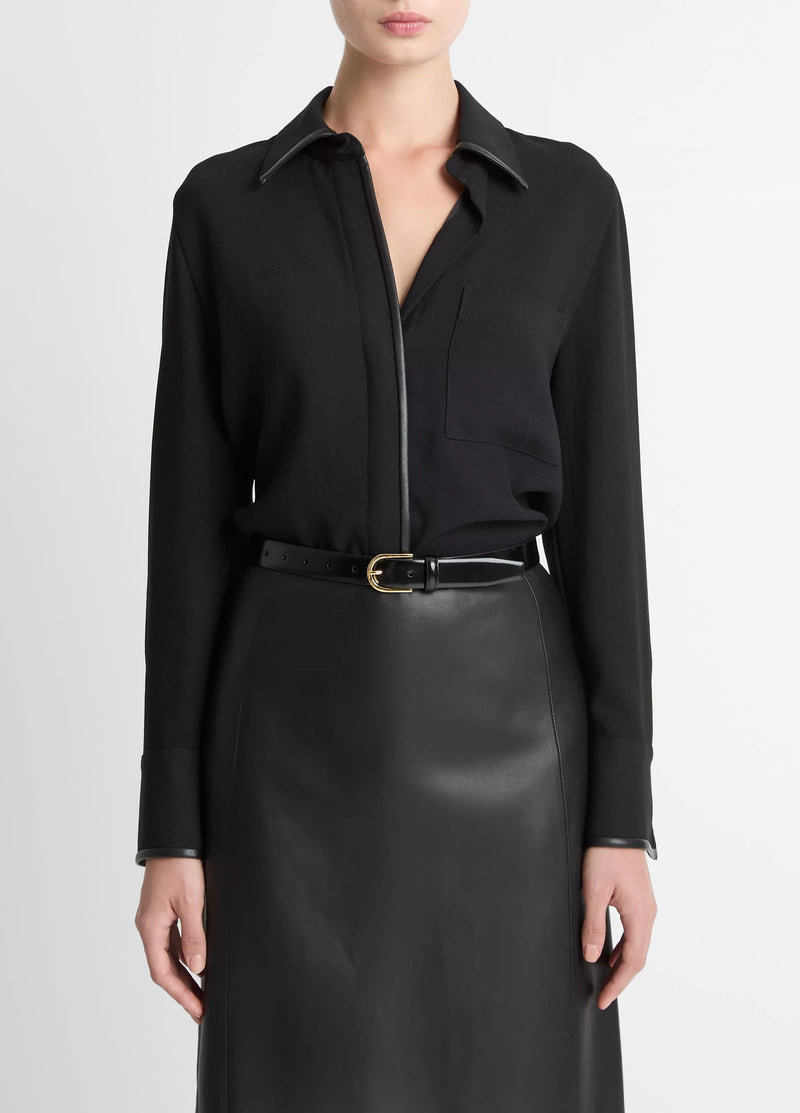 VINCE FAUX LEATHER TRIM BLOUSE