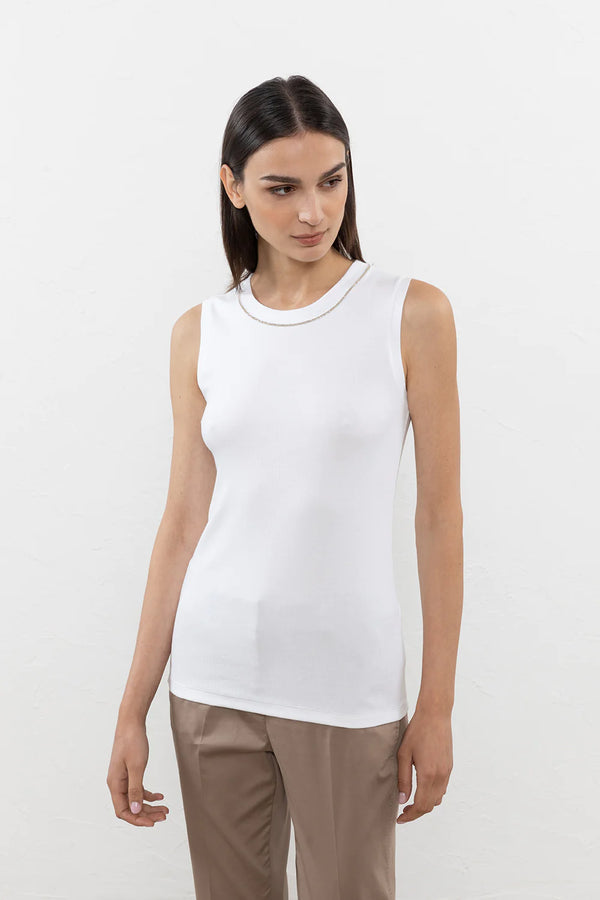 PESERICO STRETCH MICRO RIBBED JERSEY TOP IN WHITE