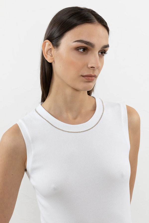 PESERICO STRETCH MICRO RIBBED JERSEY TOP IN WHITE