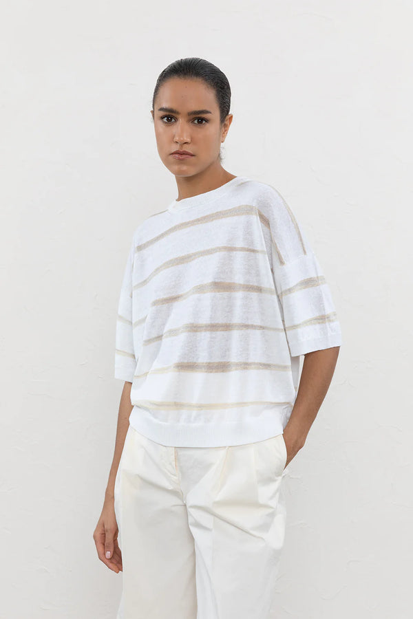 PESERICO LINEN, COTTON AND LUREX STRIPPED SWEATER IN WHITE