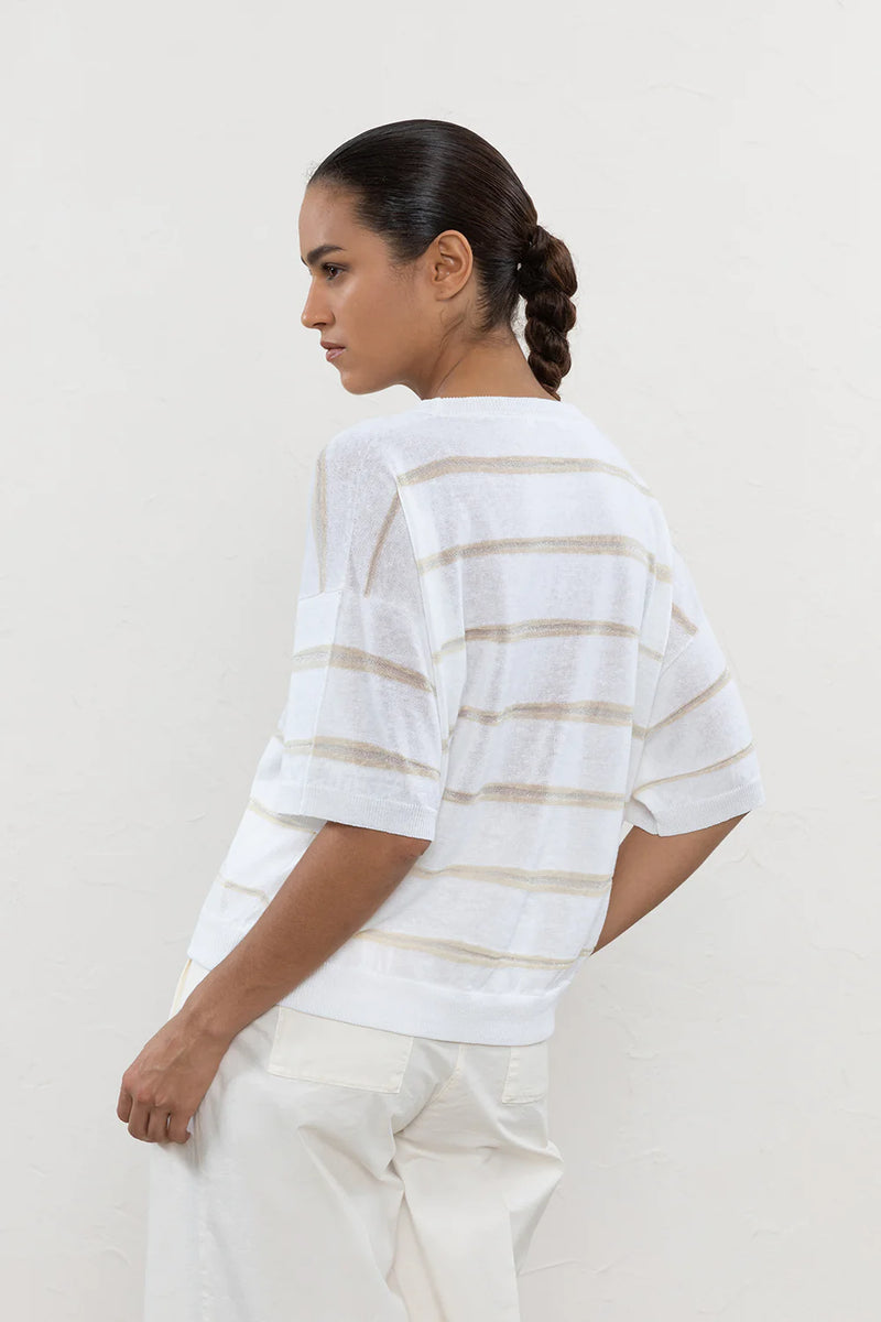 PESERICO LINEN, COTTON AND LUREX STRIPPED SWEATER IN WHITE