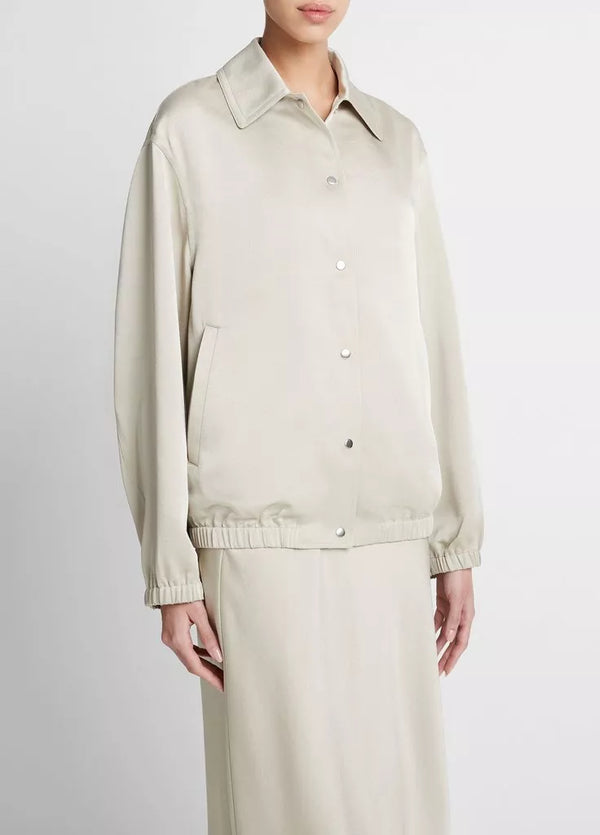 VINCE SATIN FINISH SNAP FRONT JACKET IN LIGHT SEPIA