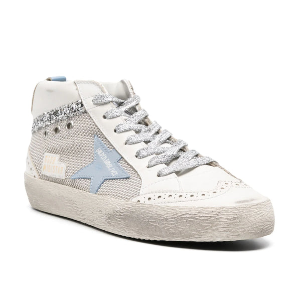 GOLDEN GOOSE MID STAR SNEAKERS IN WHITE LEATHER WITH PALE BLUE STAR & SILVER DETAIL