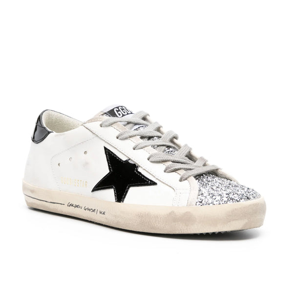 GOLDEN GOOSE SUPERSTAR WHITE LEATHER WITH GLITTER TONGUE, BLACK STAR AND HEEL TAB