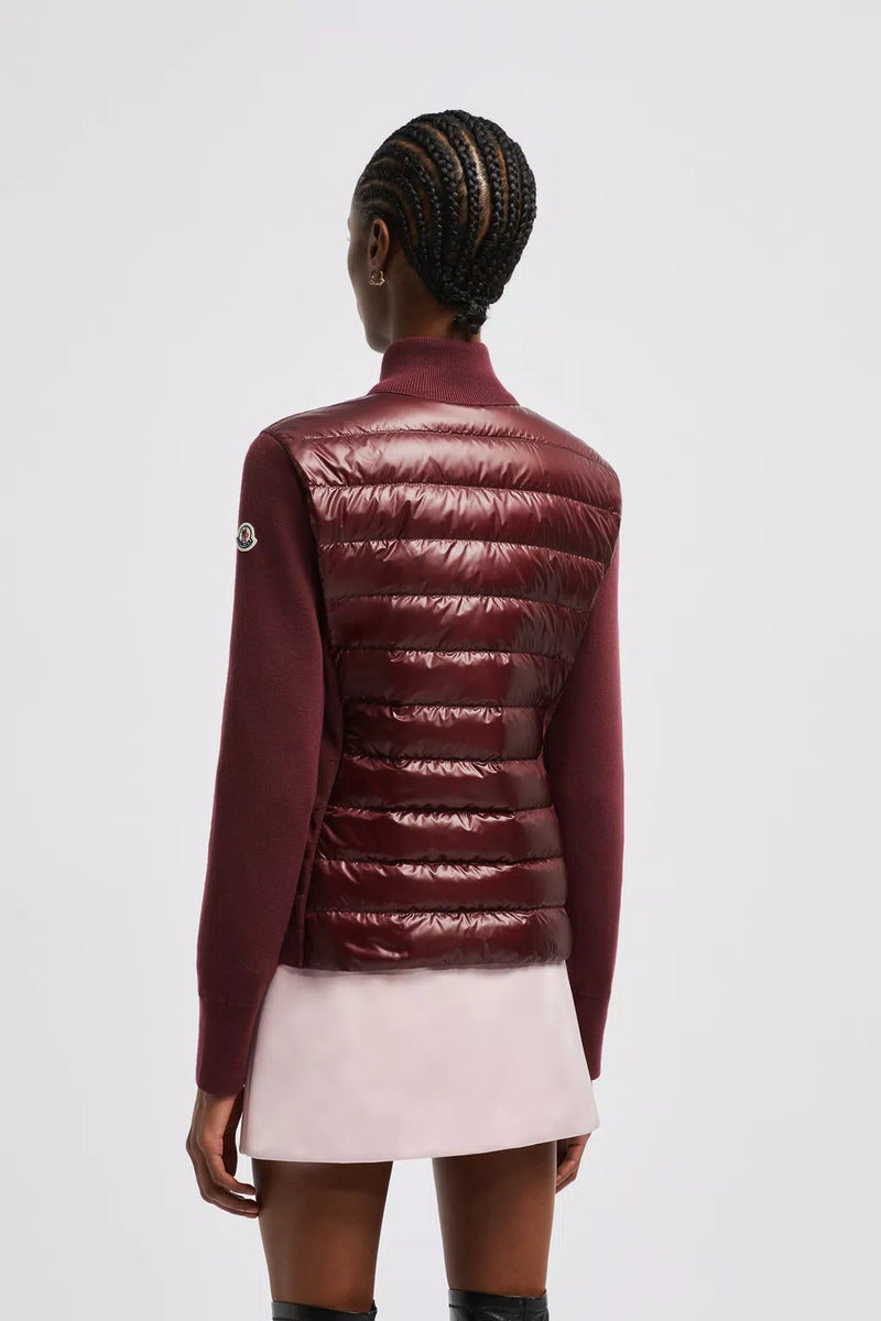 MONCLER PADDED BURGUNDY WOOL CARDIGAN