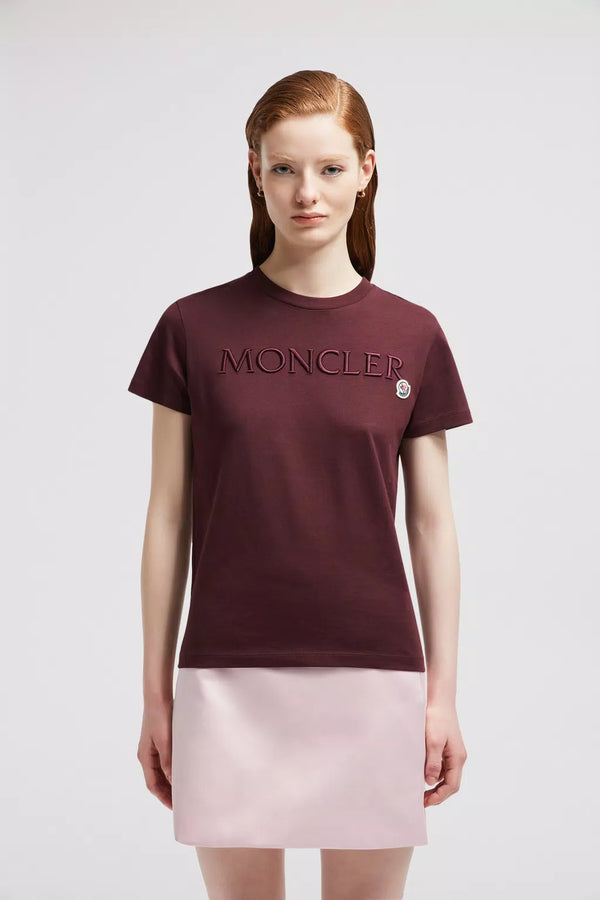 MONCLER BURGUNDY EMBROIDERED LOGO T-SHIRT