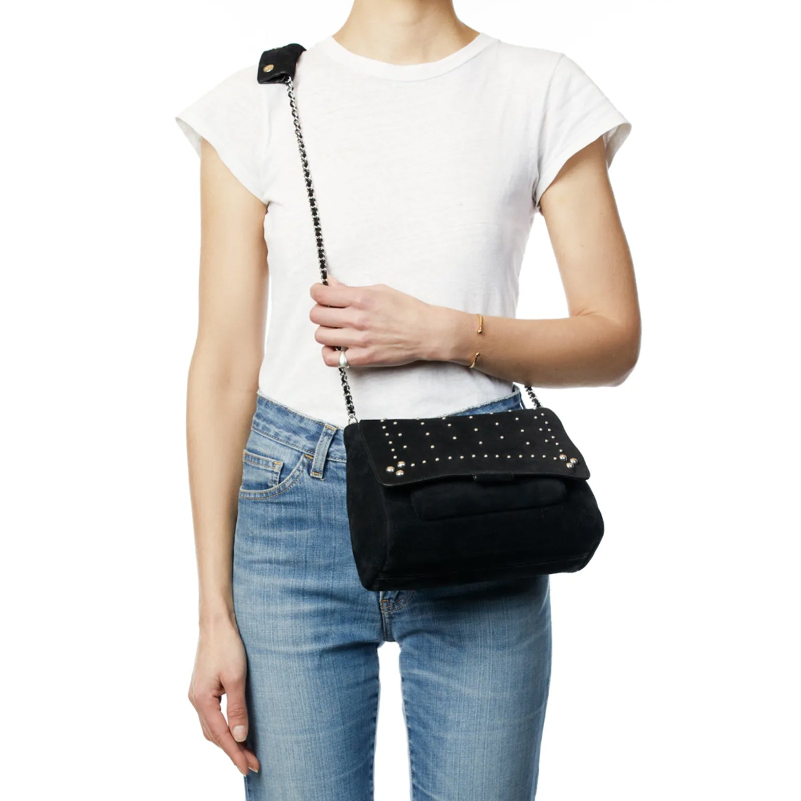 JEROME DREYFUSS LULU BAG (MEDIUM) IN BLACK SUEDE & SILVER