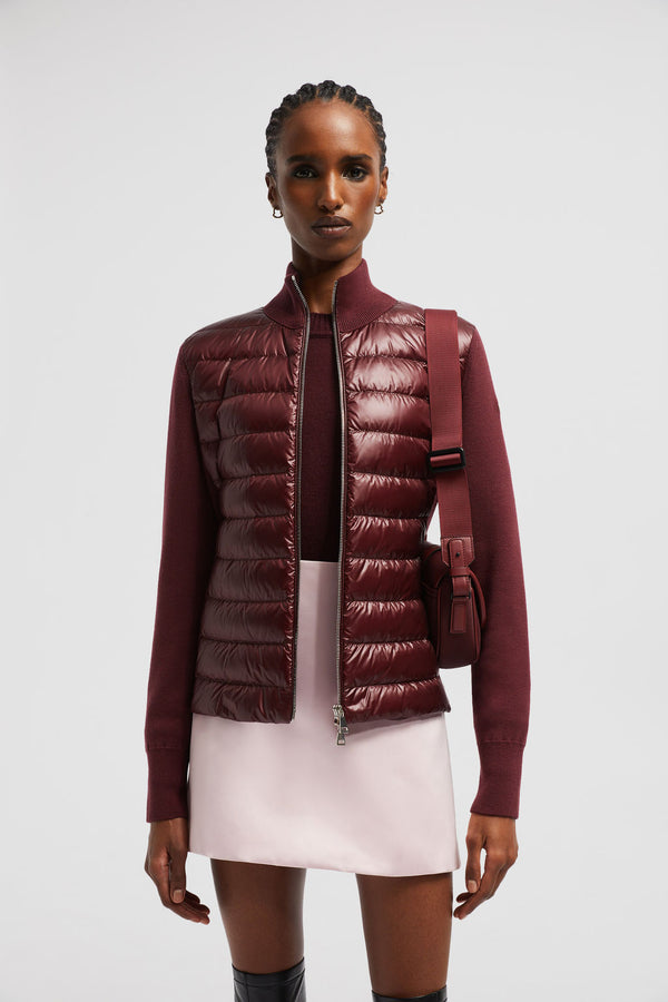 MONCLER PADDED BURGUNDY WOOL CARDIGAN