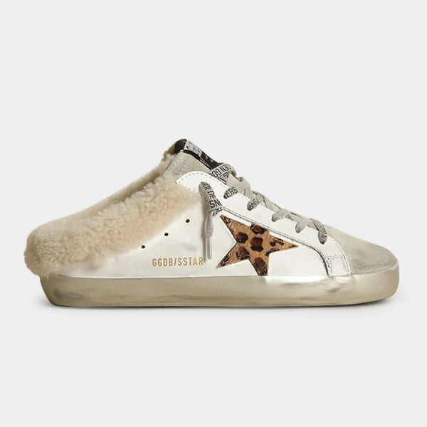 GOLDEN GOOSE SUPER STAR SABOT SNEAKERS IN WHITE WITH LEOPARD-PRINT STAR
